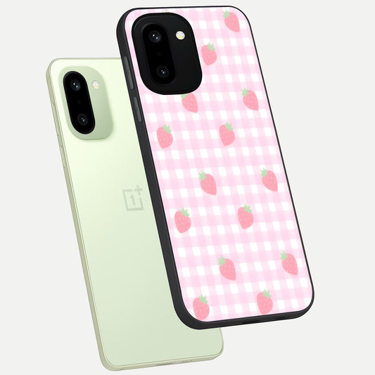 Strawberry Picnic Love phone case For Oneplus 15R showing premium glass back cover with detailed artwork