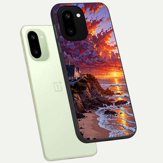 Sunset House By Sea phone case For Oneplus 15R showing premium glass back cover with detailed artwork
