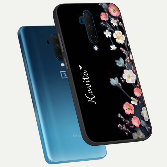 Black Elegance Floral Custom Name phone case For OnePlus 7T Pro showing premium glass back cover with detailed artwork