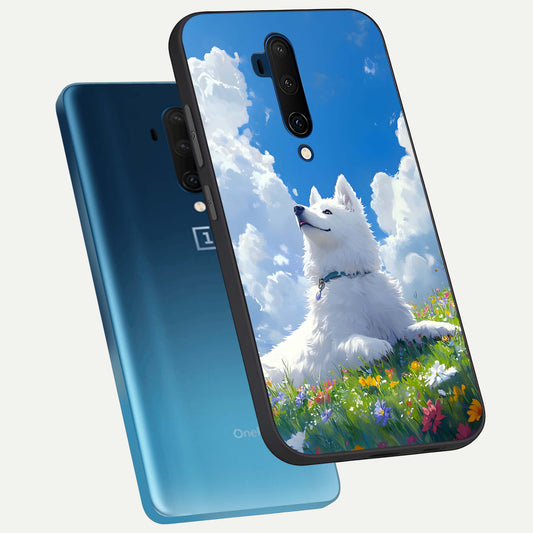 Blissful Cloud Pup phone case For OnePlus 7T Pro showing premium glass back cover with detailed artwork