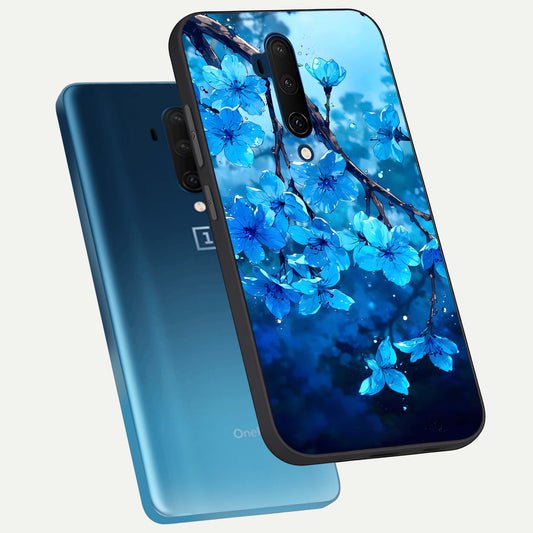 Blue Blossoms Branch phone case For OnePlus 7T Pro showing premium glass back cover with detailed artwork