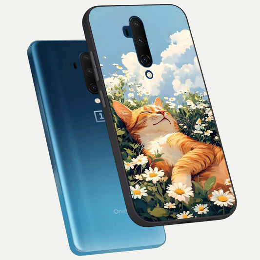 Cat And Flowers View phone case For OnePlus 7T Pro showing premium glass back cover with detailed artwork