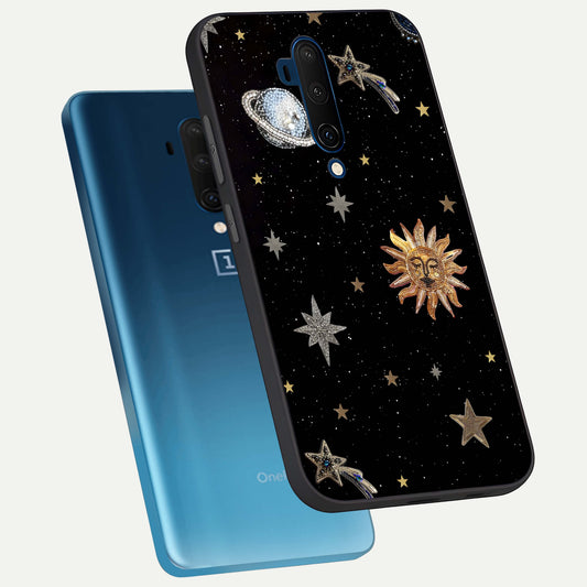 Celestial Moon With Stars phone case For OnePlus 7T Pro showing premium glass back cover with detailed artwork