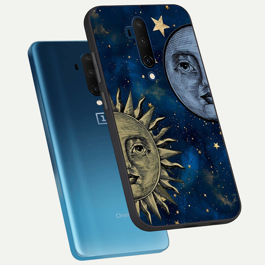 Celestial Moon With Sun phone case For OnePlus 7T Pro showing premium glass back cover with detailed artwork