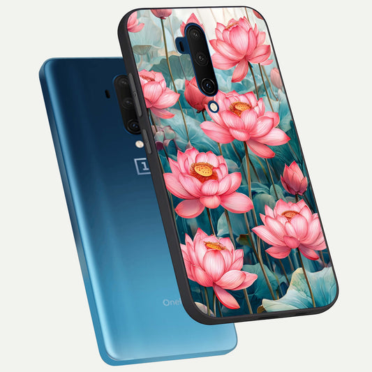 Celestial Pink Lotus phone case For OnePlus 7T Pro showing premium glass back cover with detailed artwork
