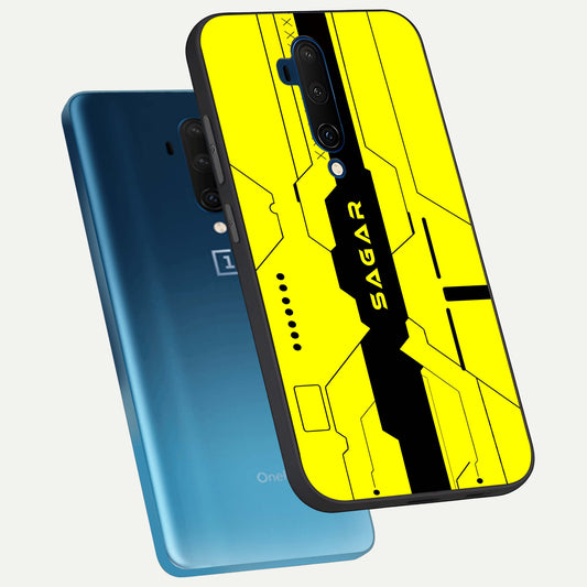 Circuit CYBERPUNK Custom Name phone case For OnePlus 7T Pro showing premium glass back cover with detailed artwork