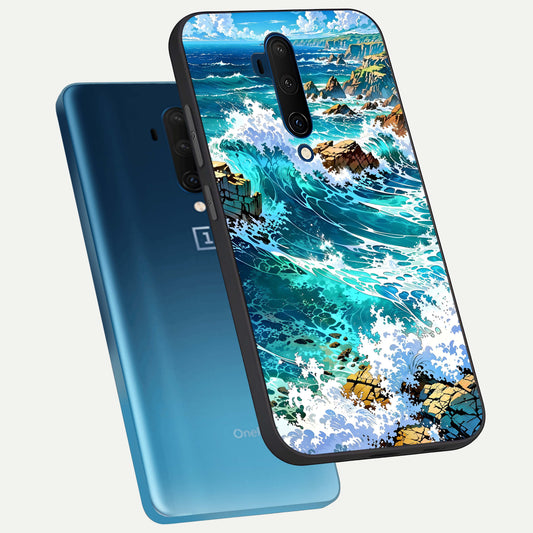 Coastal Blue Waves phone case For OnePlus 7T Pro showing premium glass back cover with detailed artwork