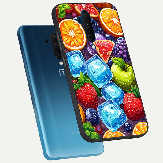 Colorful Fruits with Ice phone case For OnePlus 7T Pro showing premium glass back cover with detailed artwork