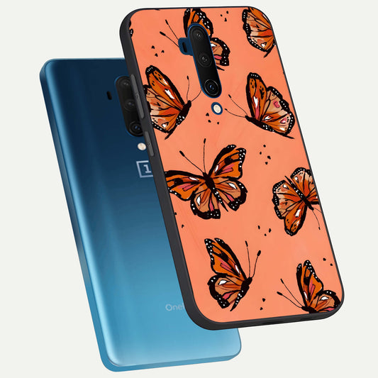 Coral Wing Butterfly phone case For OnePlus 7T Pro showing premium glass back cover with detailed artwork