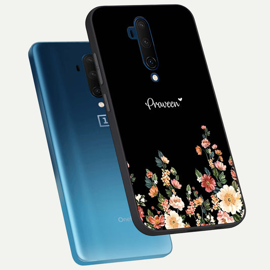 Floral Design Personalized Custom Name phone case For OnePlus 7T Pro showing premium glass back cover with detailed artwork