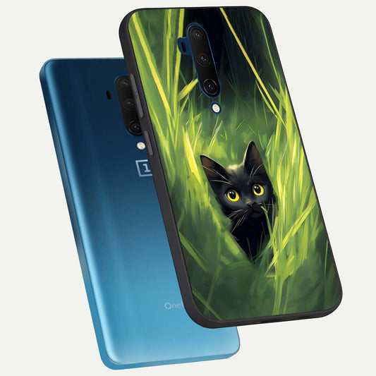 Hidden Cat Whisper phone case For OnePlus 7T Pro showing premium glass back cover with detailed artwork