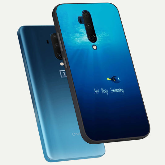 Just Keep Swimming phone case For OnePlus 7T Pro showing premium glass back cover with detailed artwork