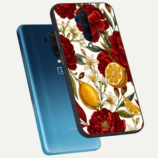 Lemon Rose Charm phone case For OnePlus 7T Pro showing premium glass back cover with detailed artwork
