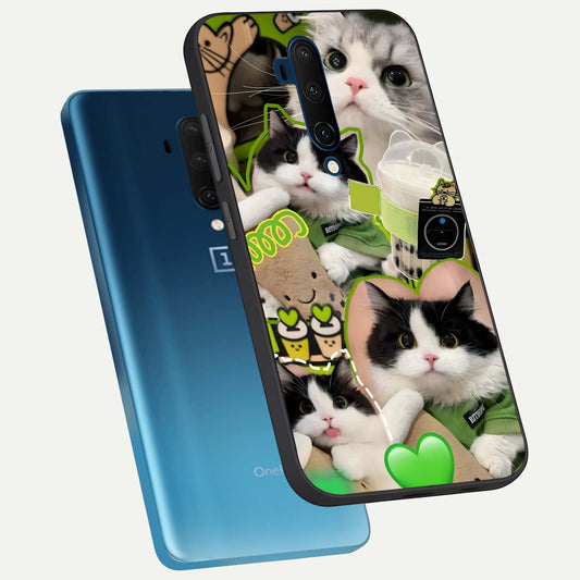 Matcha Cats Mood phone case For OnePlus 7T Pro showing premium glass back cover with detailed artwork
