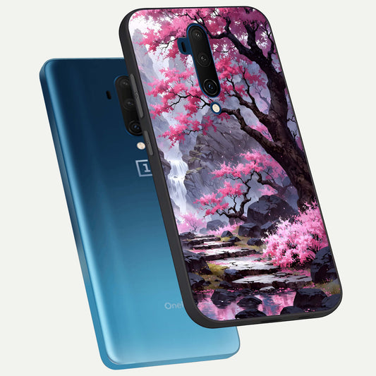 Pink Sunflower Glow phone case For OnePlus 7T Pro showing premium glass back cover with detailed artwork