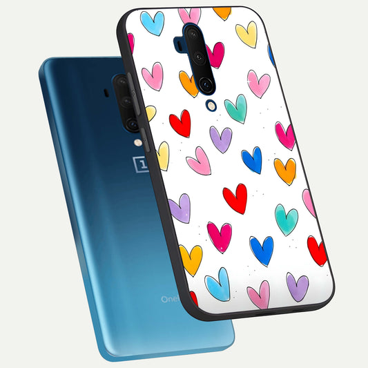 Playful Love Doodles phone case For OnePlus 7T Pro showing premium glass back cover with detailed artwork