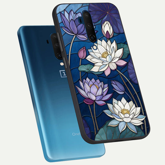 Purple Lotus Stained phone case For OnePlus 7T Pro showing premium glass back cover with detailed artwork