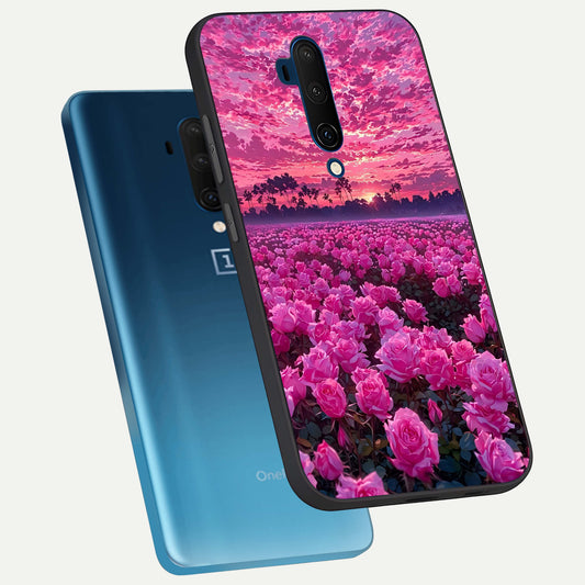 Rose Sunset Valley phone case For OnePlus 7T Pro showing premium glass back cover with detailed artwork