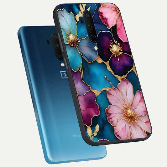 Sparkle Floral phone case For OnePlus 7T Pro showing premium glass back cover with detailed artwork