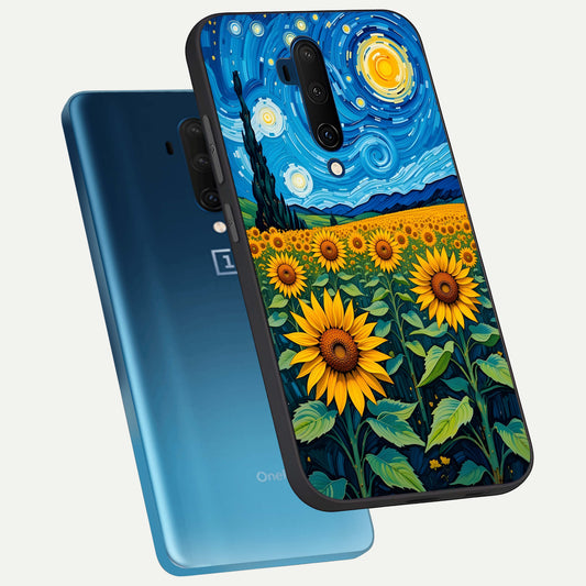 Starry Sunflower Dreams phone case For OnePlus 7T Pro showing premium glass back cover with detailed artwork