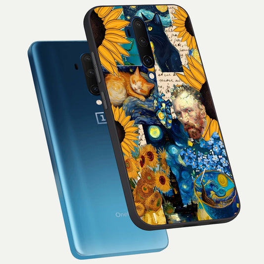 Sunflower Chic Mood Custom Name phone case For OnePlus 7T Pro showing premium glass back cover with detailed artwork