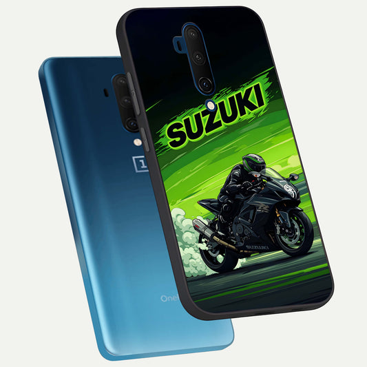 Suzuki Speed Beast phone case For OnePlus 7T Pro showing premium glass back cover with detailed artwork