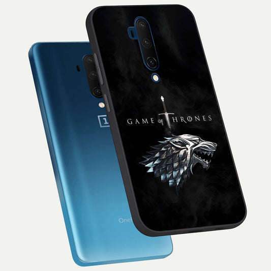 Throne Wolf Legacy phone case For OnePlus 7T Pro showing premium glass back cover with detailed artwork