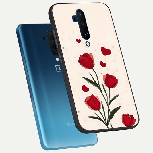 Tulip With Heart phone case For OnePlus 7T Pro showing premium glass back cover with detailed artwork