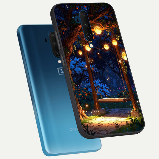 Twilight Garden Swing phone case For OnePlus 7T Pro showing premium glass back cover with detailed artwork