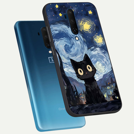 Van Gogh Cat phone case For OnePlus 7T Pro showing premium glass back cover with detailed artwork