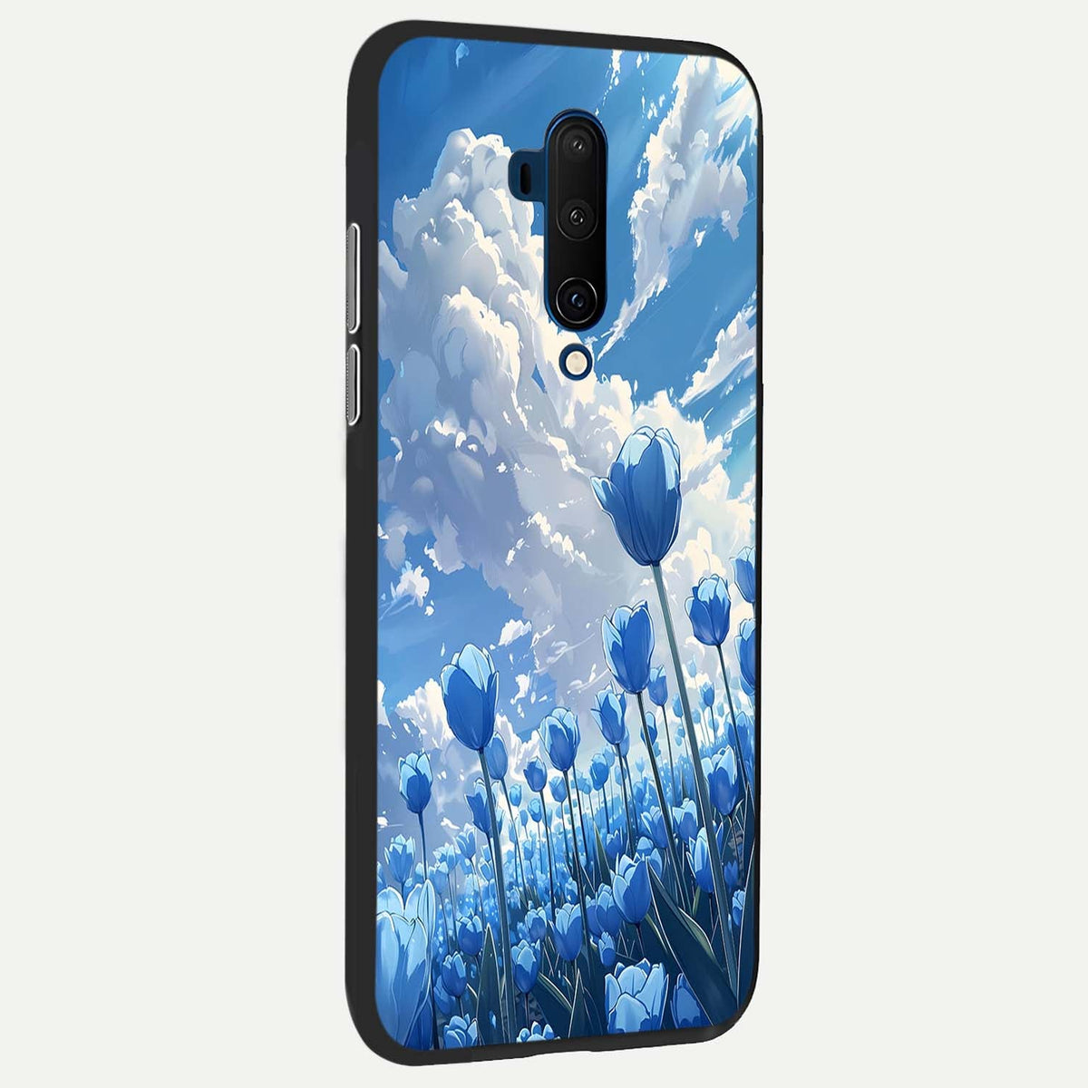 Blue Tulip Clouds back cover For OnePlus 7T Pro slim fit glass case with vibrant aesthetic design
