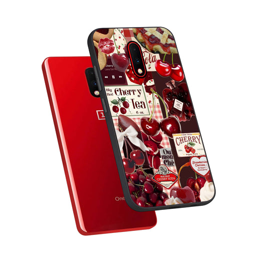 Aesthetic Cherry Tea phone case For OnePlus 7 showing premium glass back cover with detailed artwork