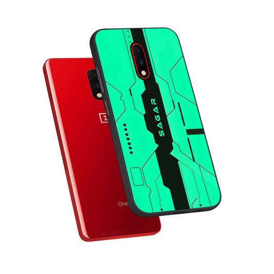 Aqua Tech CYBERPUNK Custom Name phone case For OnePlus 7 showing premium glass back cover with detailed artwork