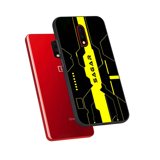 Neon CYBERPUNK Custom Name phone case For OnePlus 7 showing premium glass back cover with detailed artwork