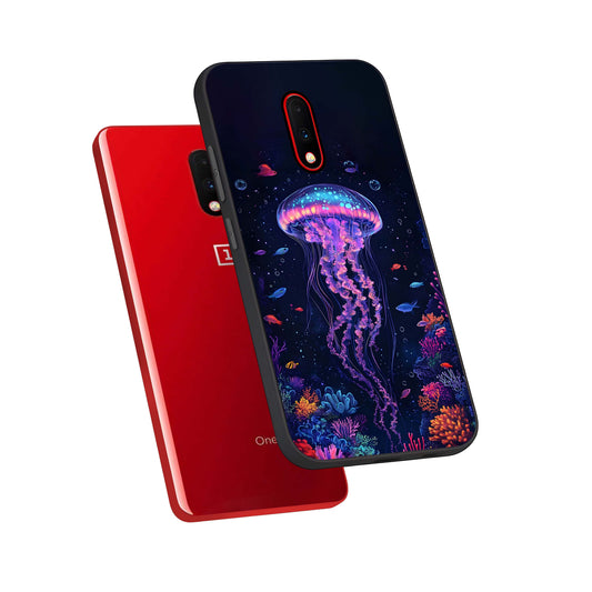 Neon Jellyfish phone case For OnePlus 7 showing premium glass back cover with detailed artwork
