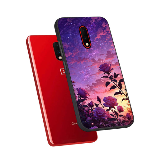 Starlit Rose Twilight phone case For OnePlus 7 showing premium glass back cover with detailed artwork