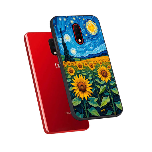 Starry Sunflower Dreams phone case For OnePlus 7 showing premium glass back cover with detailed artwork