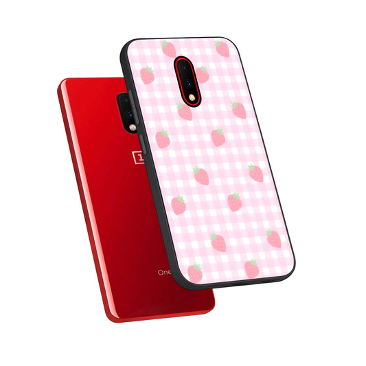 Strawberry Picnic Love phone case For OnePlus 7 showing premium glass back cover with detailed artwork