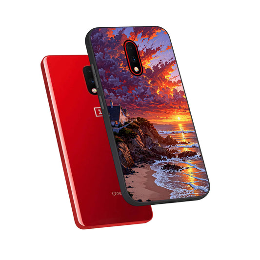 Sunset House By Sea phone case For OnePlus 7 showing premium glass back cover with detailed artwork