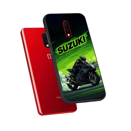 Suzuki Speed Beast phone case For OnePlus 7 showing premium glass back cover with detailed artwork