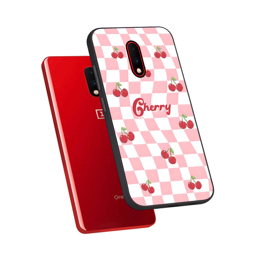 Sweet Cherry Vibes phone case For OnePlus 7 showing premium glass back cover with detailed artwork