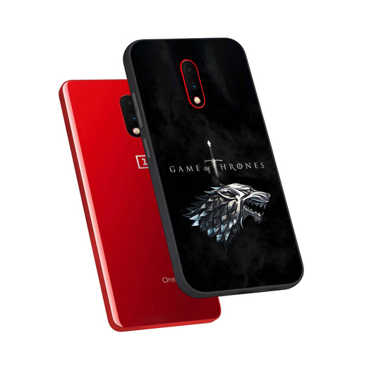 Throne Wolf Legacy phone case For OnePlus 7 showing premium glass back cover with detailed artwork