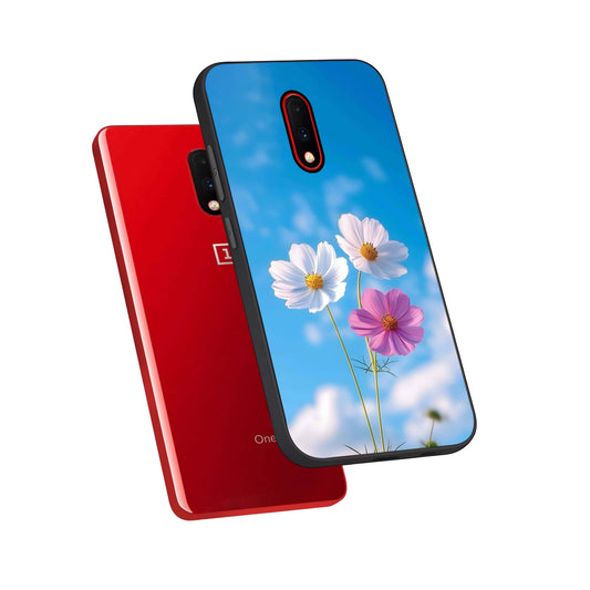 Tripple Flowers With Sky phone case For OnePlus 7 showing premium glass back cover with detailed artwork