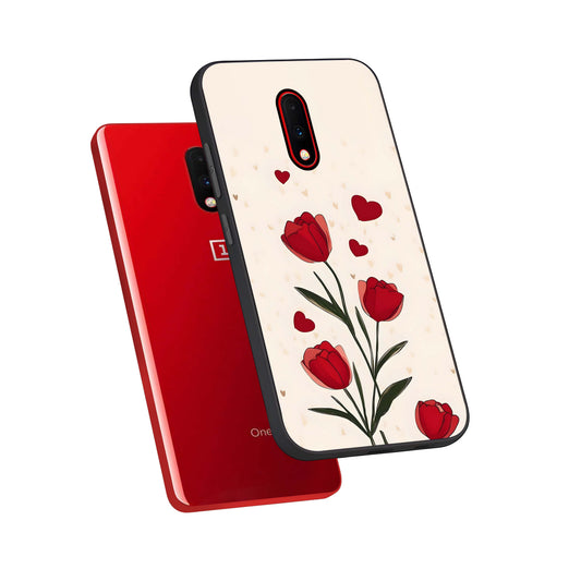 Tulip With Heart phone case For OnePlus 7 showing premium glass back cover with detailed artwork