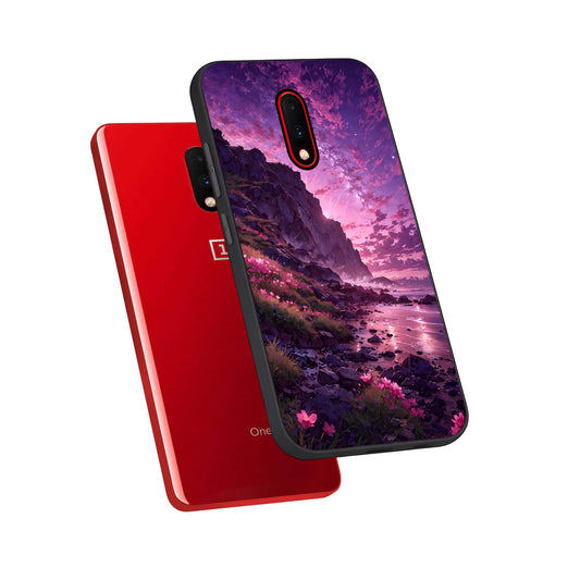 Twilight Blossom Coast phone case For OnePlus 7 showing premium glass back cover with detailed artwork