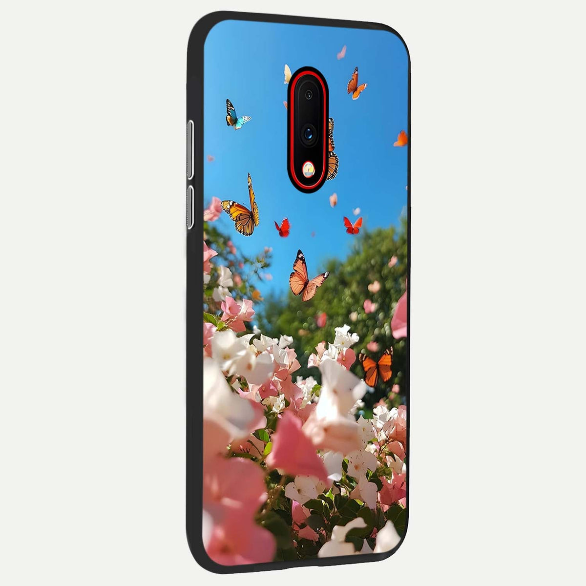 Butterflies In Bloom Sky back cover For OnePlus 7 slim fit glass case with vibrant aesthetic design