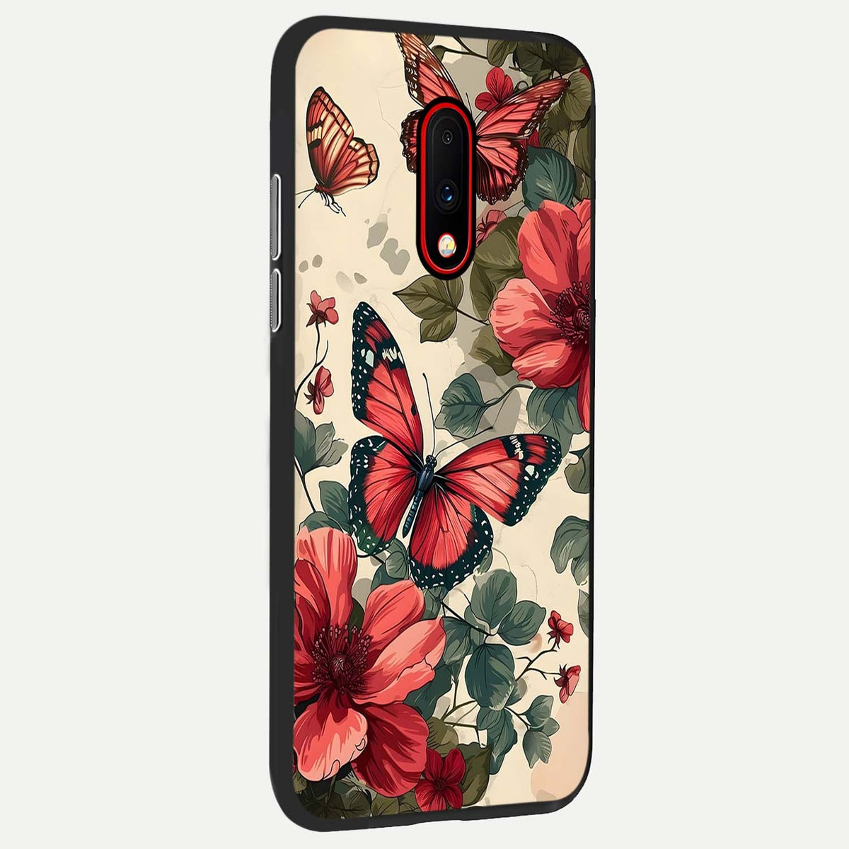 Crimson Butterfly Garden back cover For OnePlus 7 slim fit glass case with vibrant aesthetic design