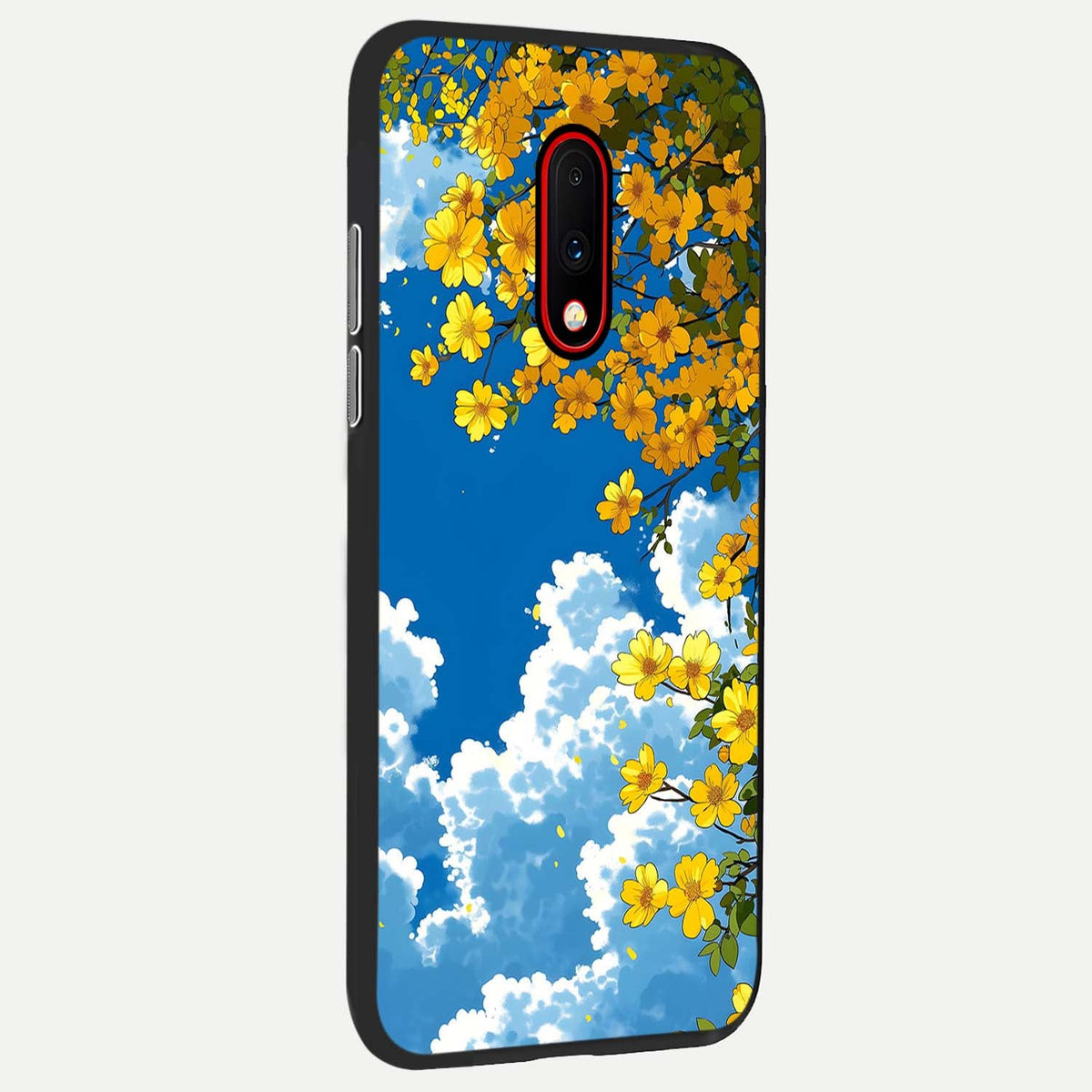 Golden Petal Sky back cover For OnePlus 7 slim fit glass case with vibrant aesthetic design