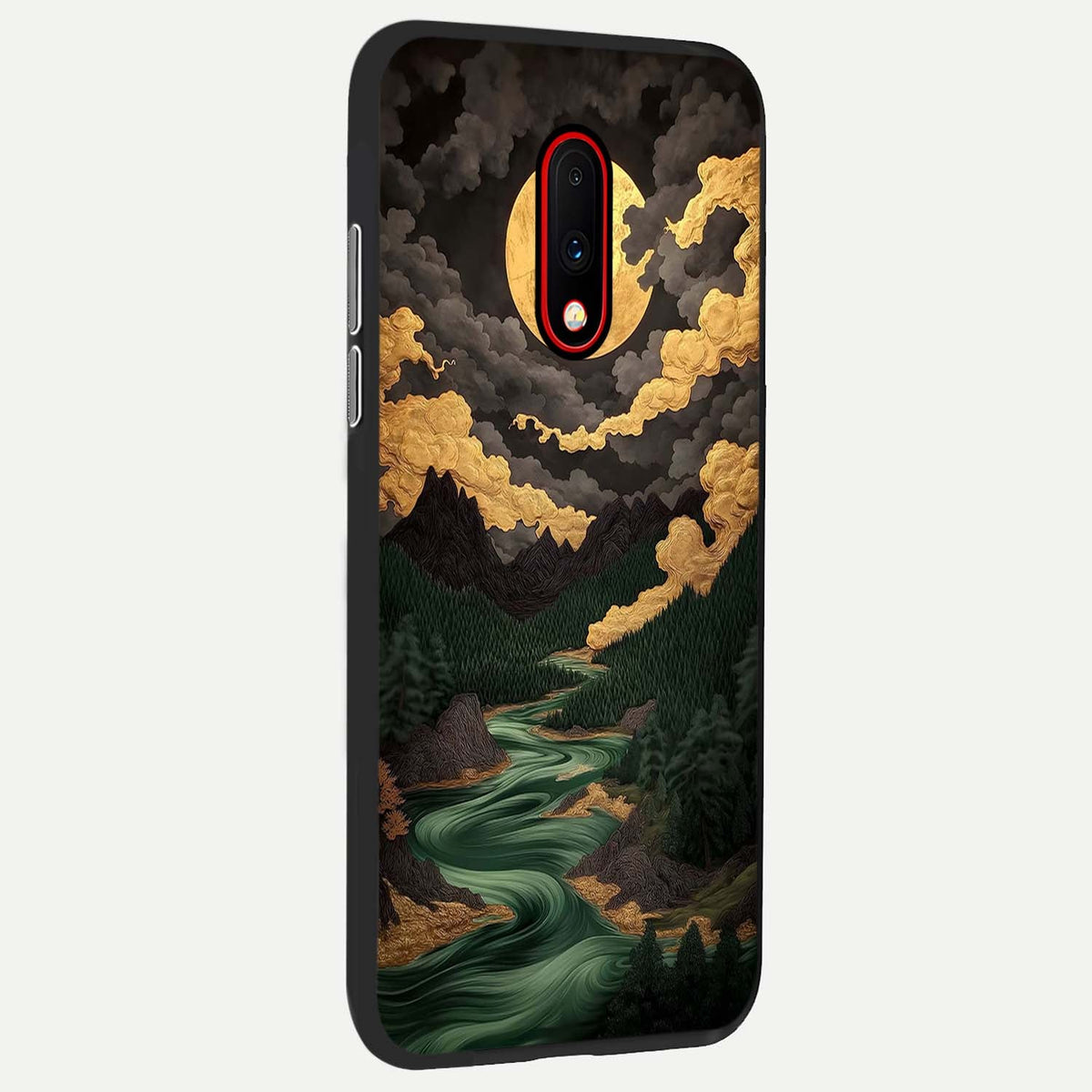 Golden River Moon back cover For OnePlus 7 slim fit glass case with vibrant aesthetic design