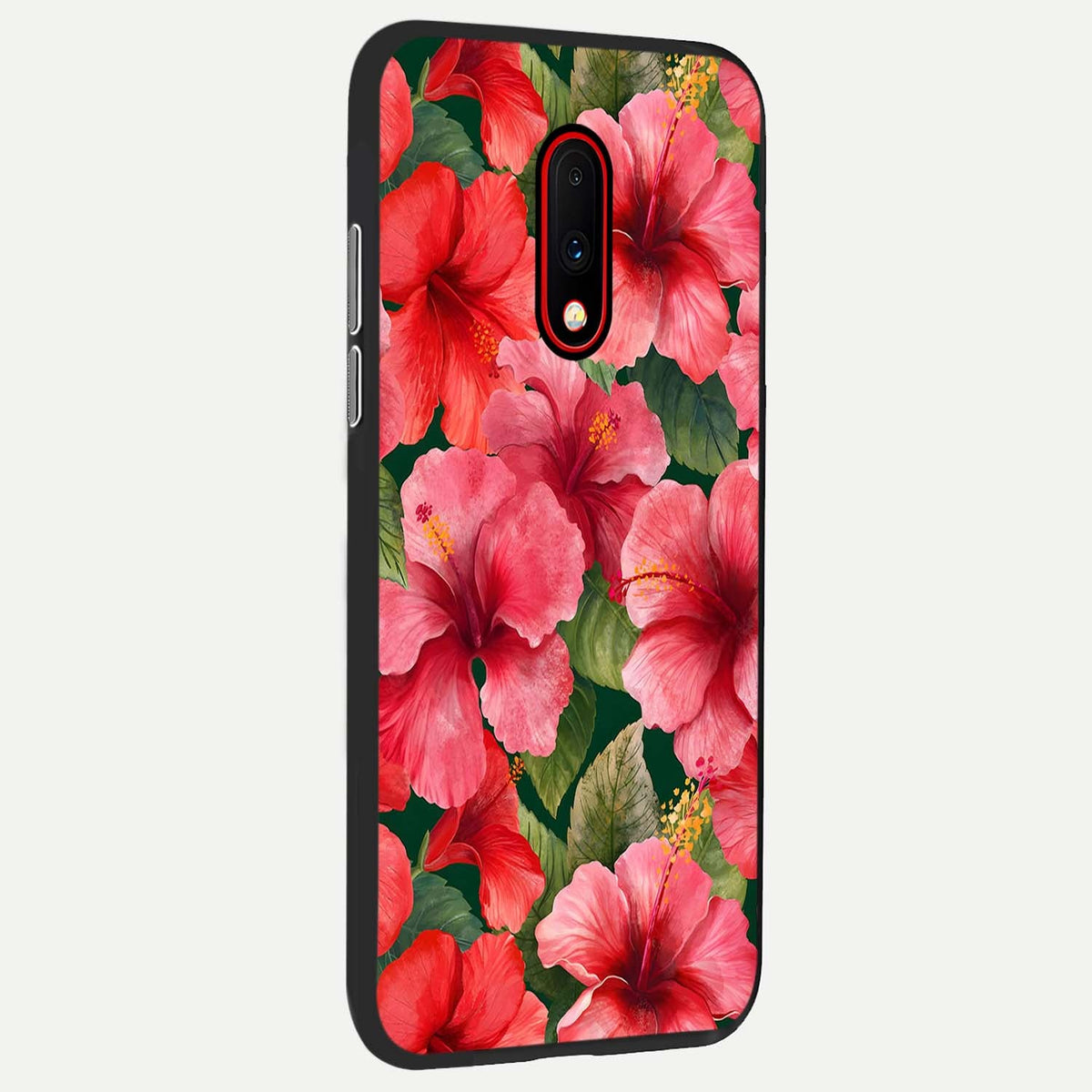 Hibiscus Pattern back cover For OnePlus 7 slim fit glass case with vibrant aesthetic design